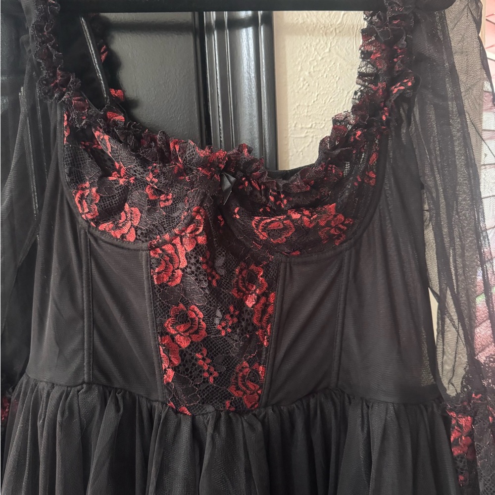 Dollskill Black and Red Lace Transparent Lace Corset Maxi Dress NWT XL goth! - Picture 2 of 5